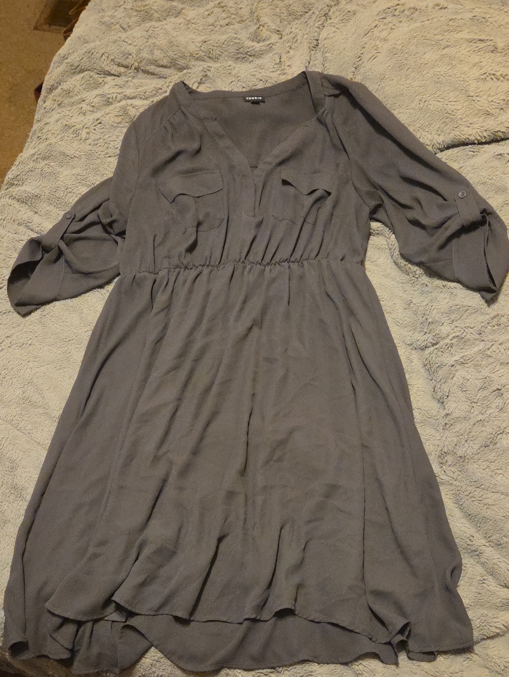 Torrid Gray Long Sleeve V-Neck Elastic Waist Dress